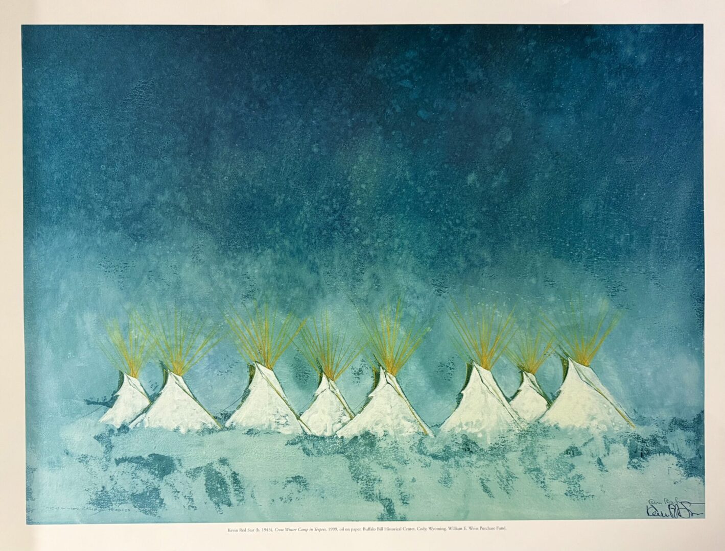 Painting of a winter camp with teepees under a blue sky.