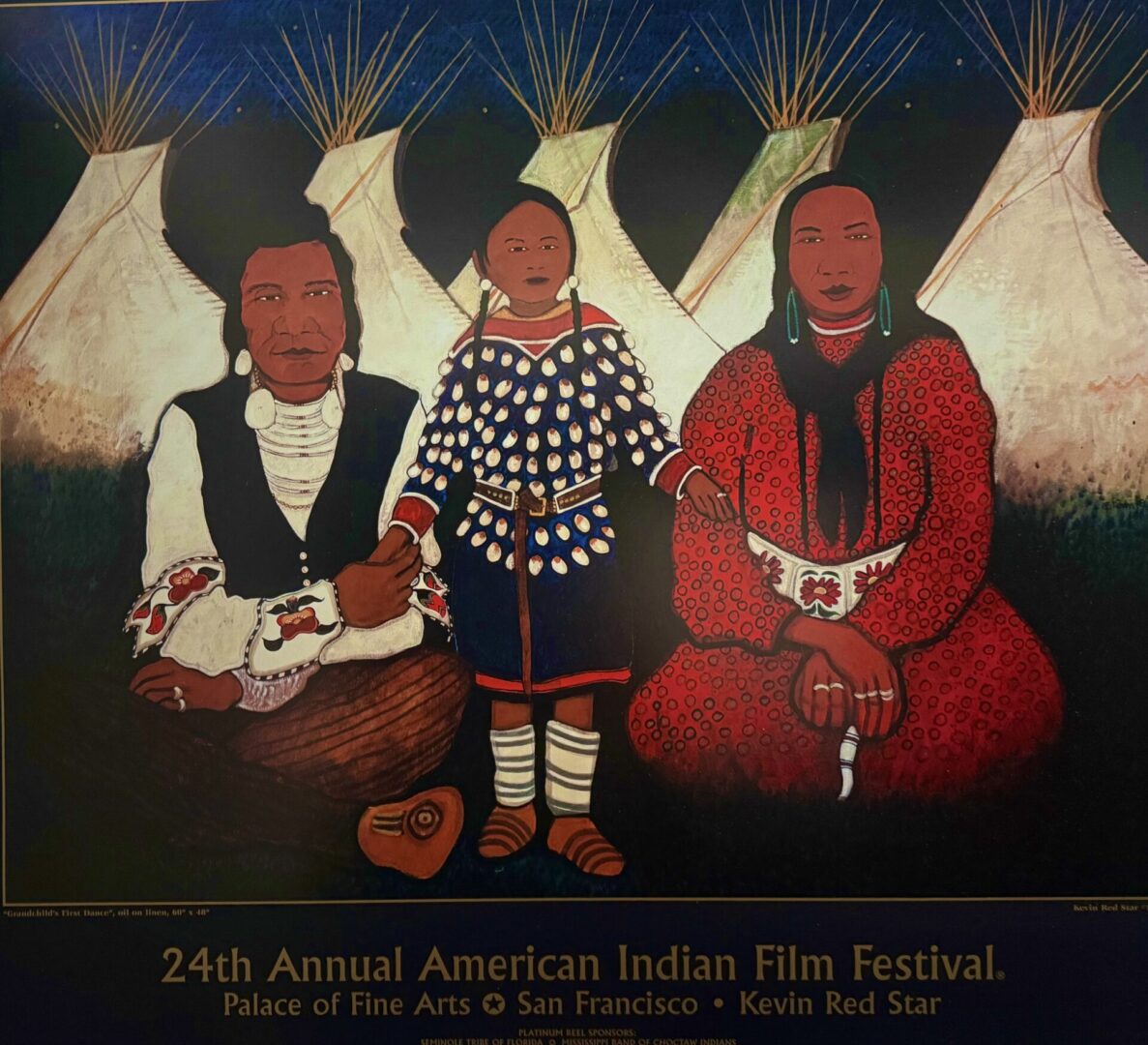 Painting of Native American family in traditional clothing with teepees in the background.