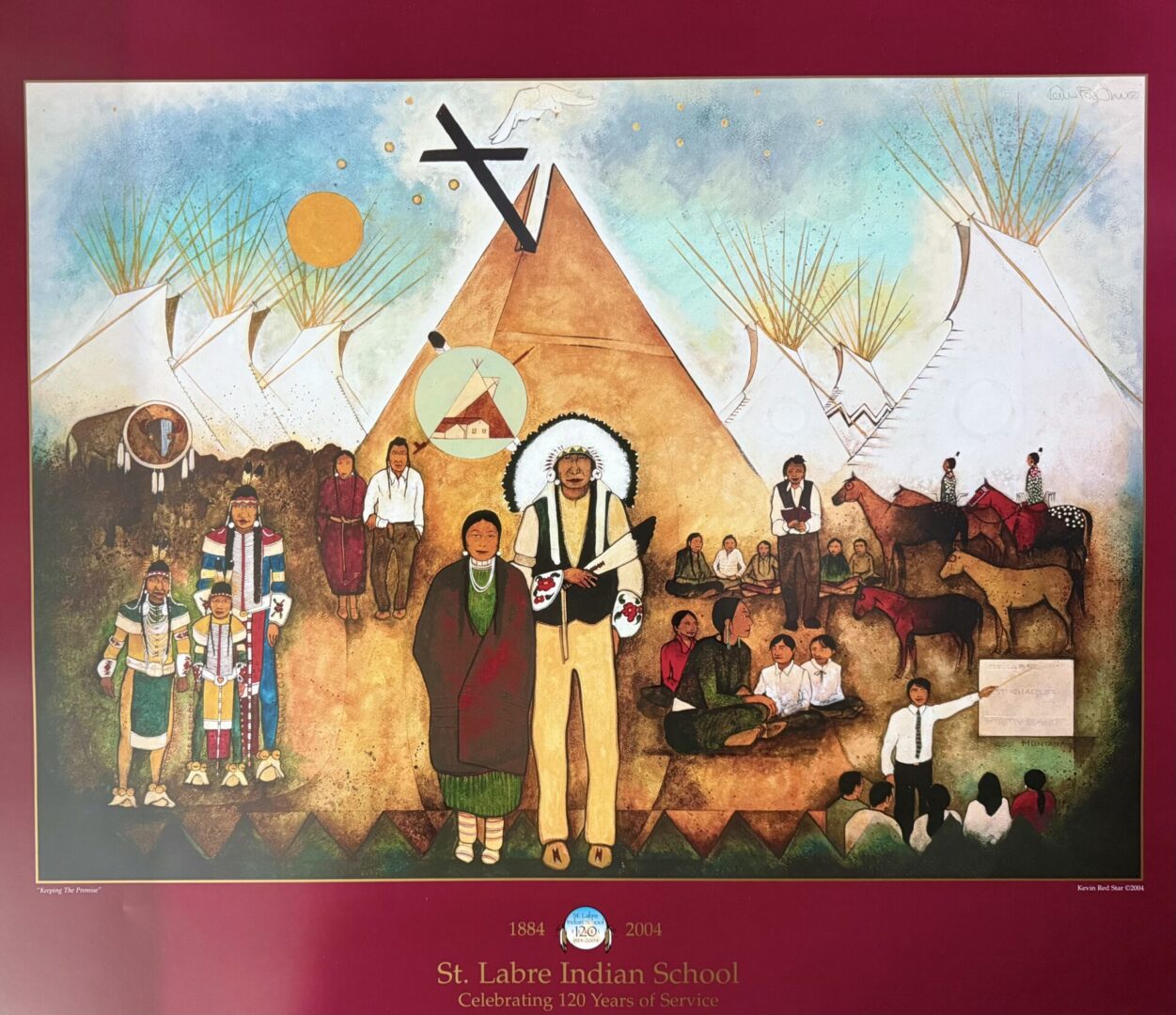 Illustration celebrating 120 years of St. Labre Indian School with Native American community and teepees.