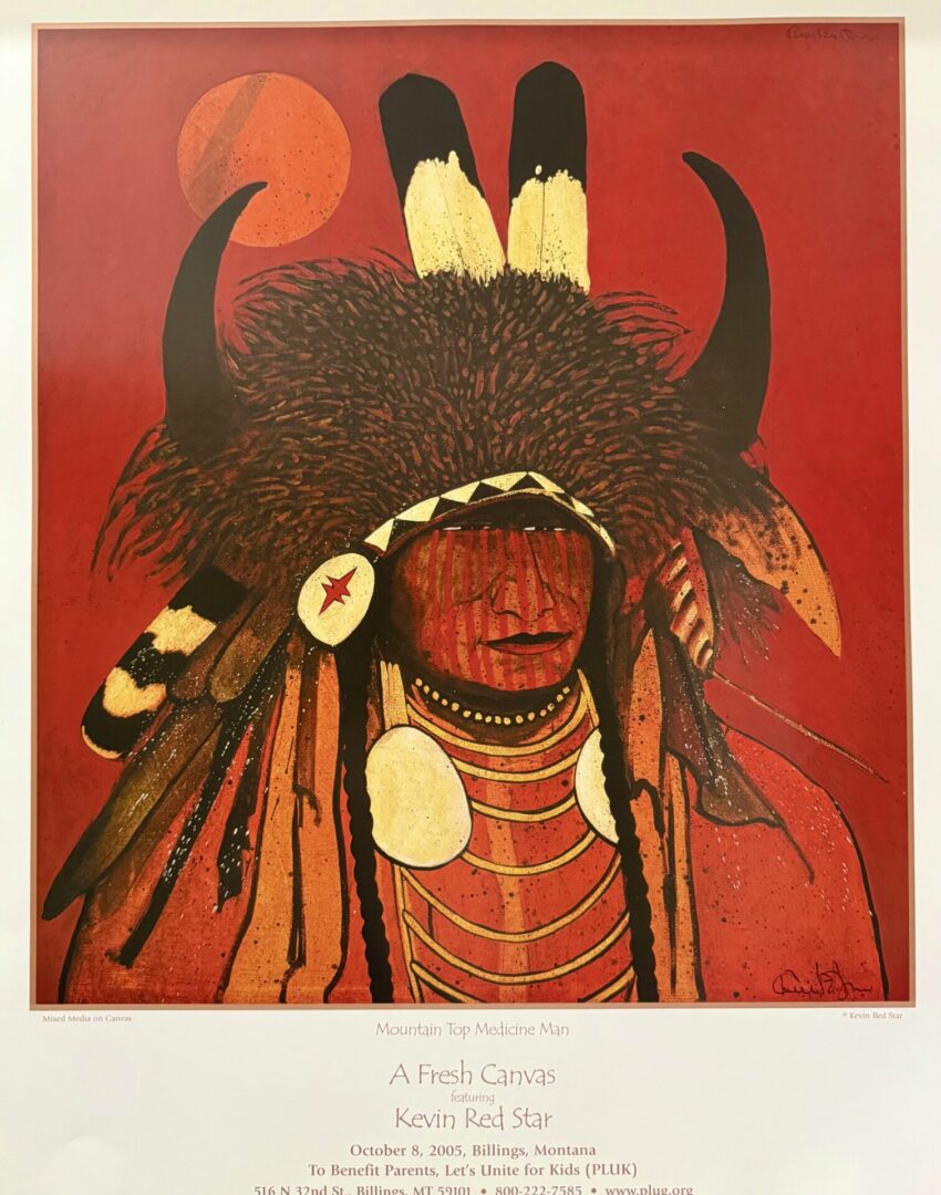 A Native American figure with traditional headdress and red background.