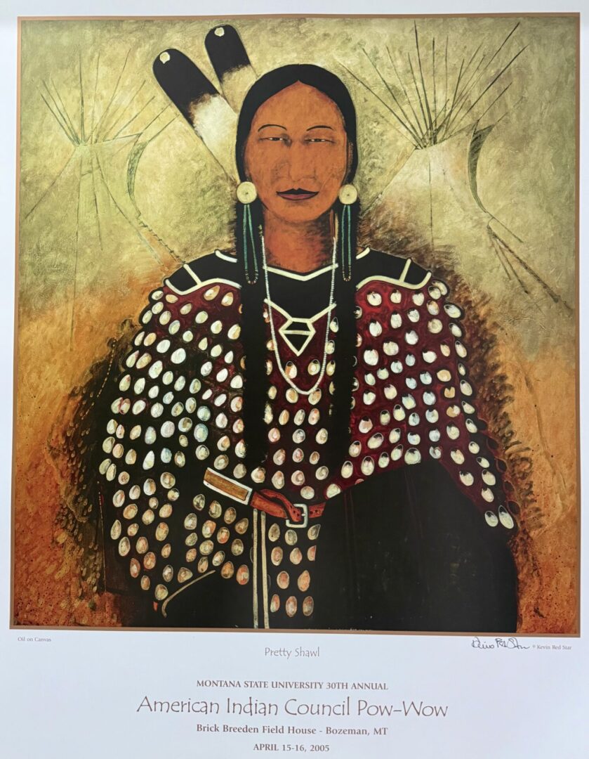Portrait of a Native American in traditional dress with feathers and jewelry.