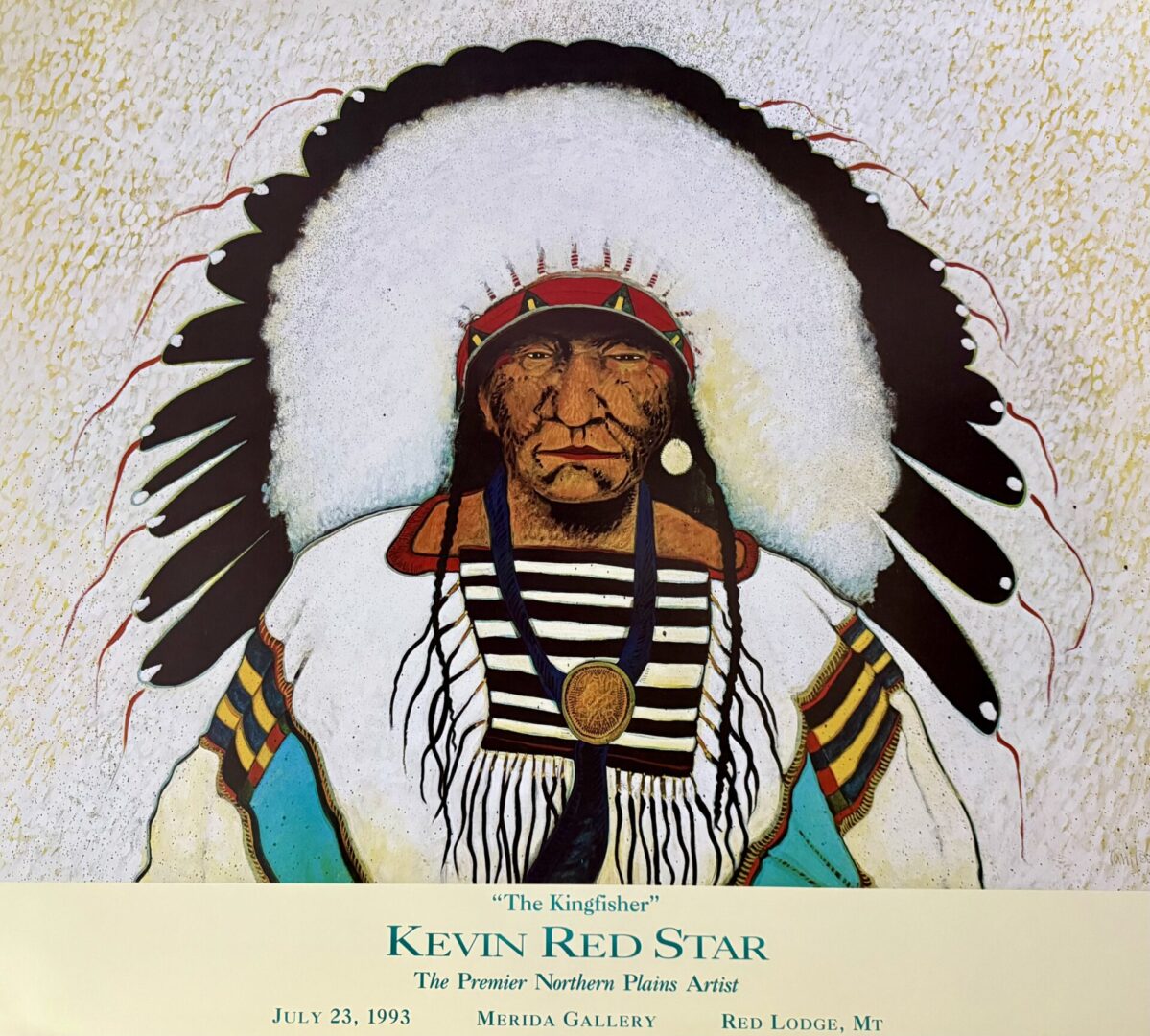Painting of a Native American chief in traditional attire by Kevin Red Star.