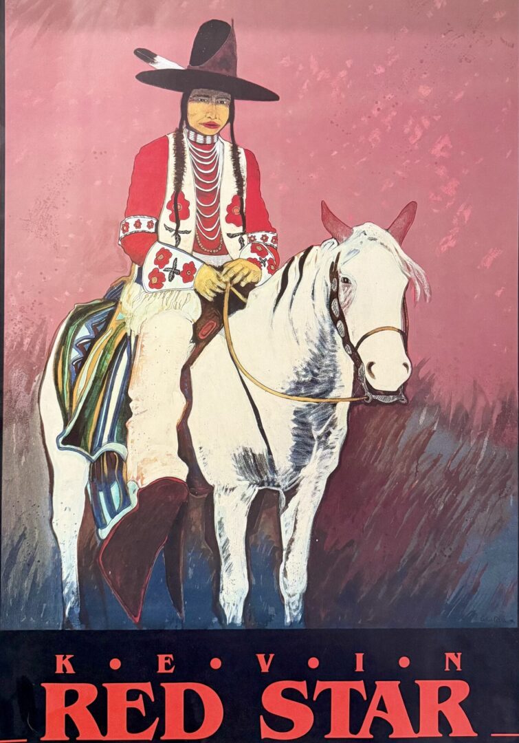 Painting of a Native American man on a white horse with the text 'Kevin Red Star'.