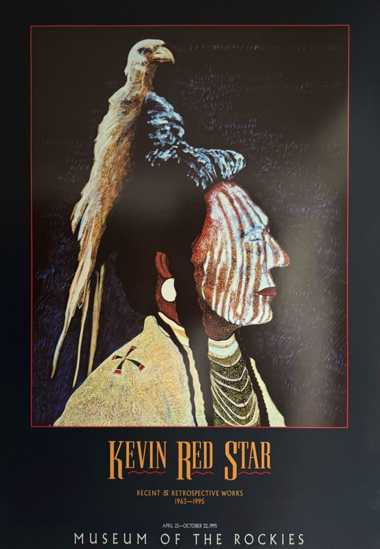 Art poster featuring Native American figure with bird, by Kevin Red Star.