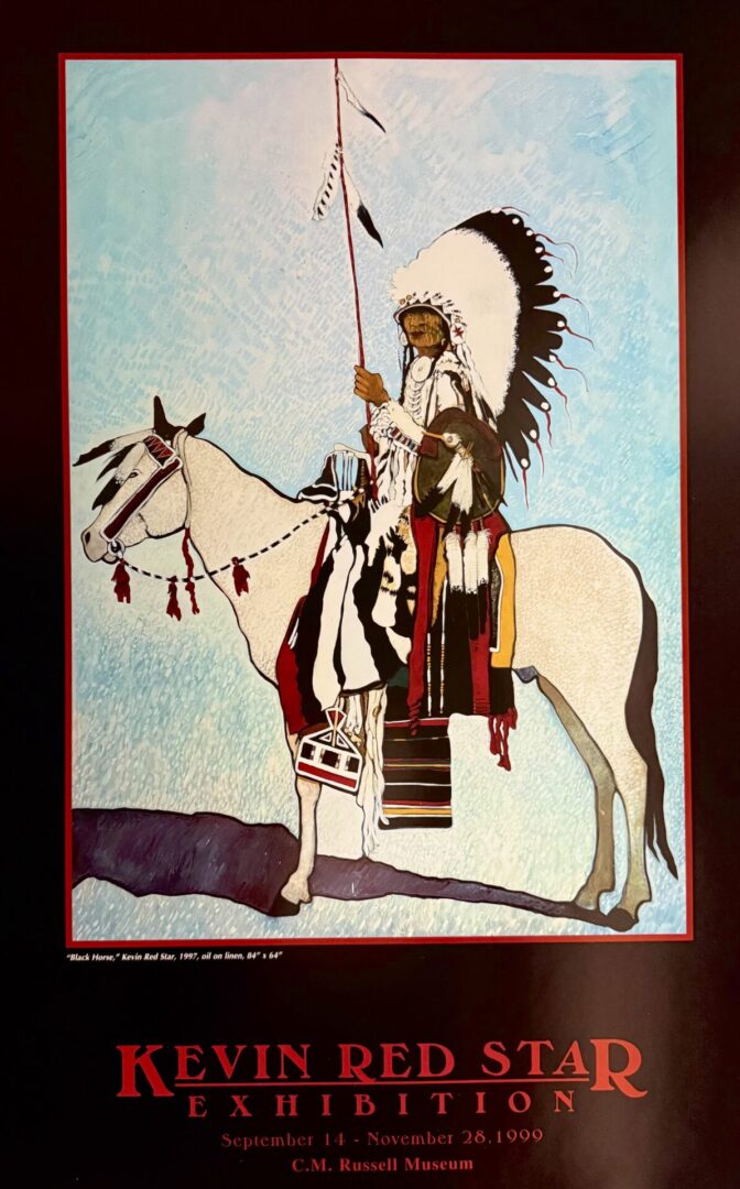 Painting of a Native American chief on horseback by Kevin Red Star.