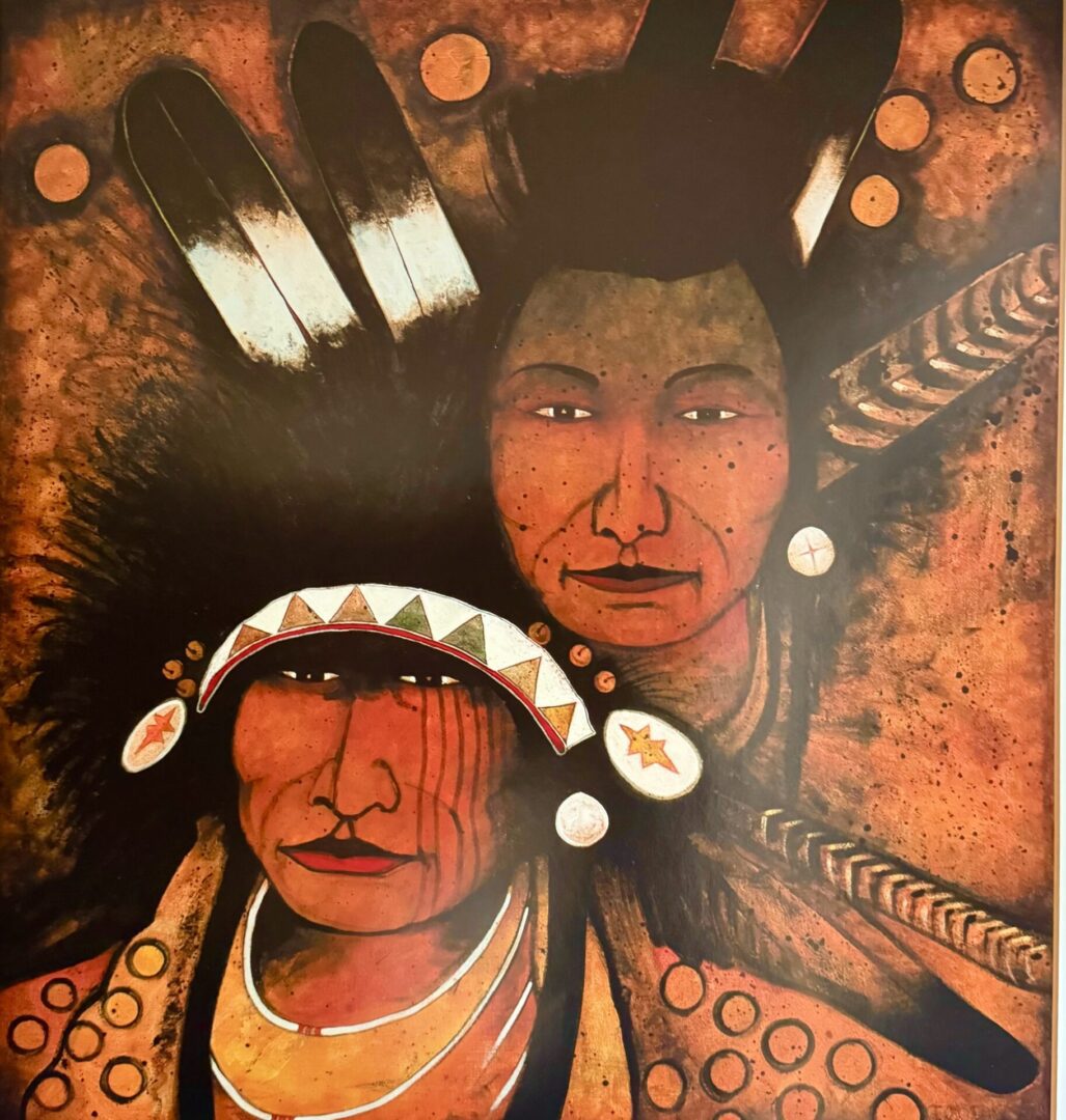 Artistic painting of two Native American figures with feathers and traditional attire.
