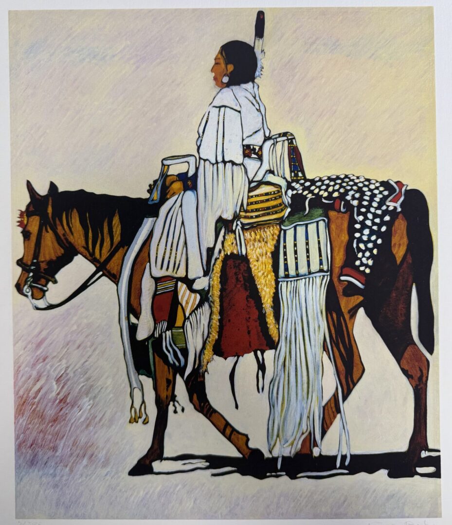 Native American woman in traditional attire riding a horse.