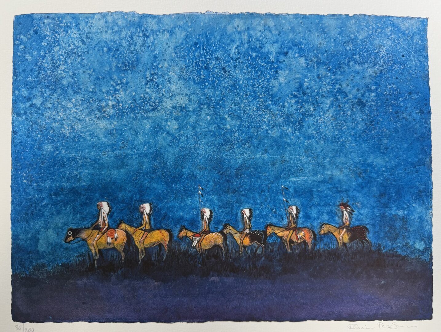 Native American riders on horseback under a textured blue sky.