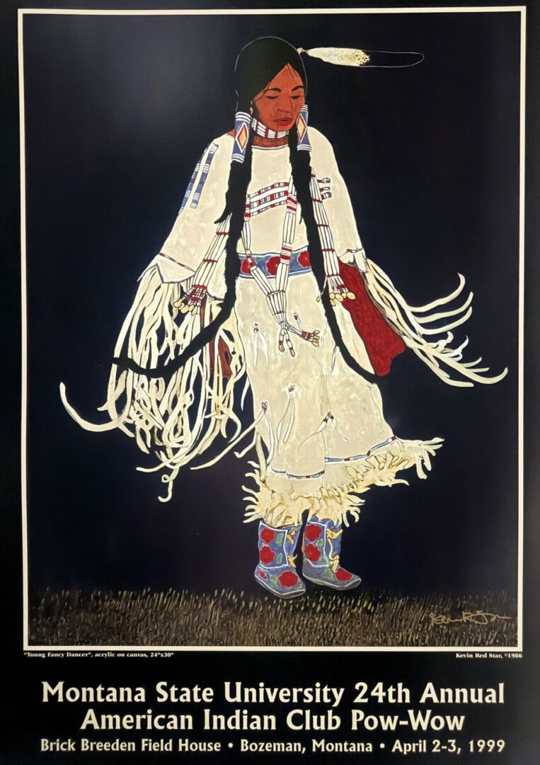 Painting of a Native American dancer in traditional attire for a Montana State University event.