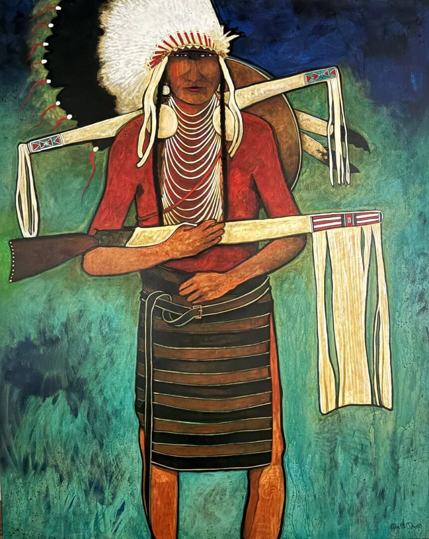Painting of a Native American man in traditional attire with a feathered headdress and rifle.