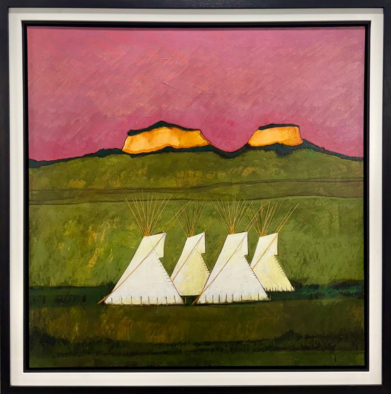 Painting of four white teepees against green hills and a pink sky.