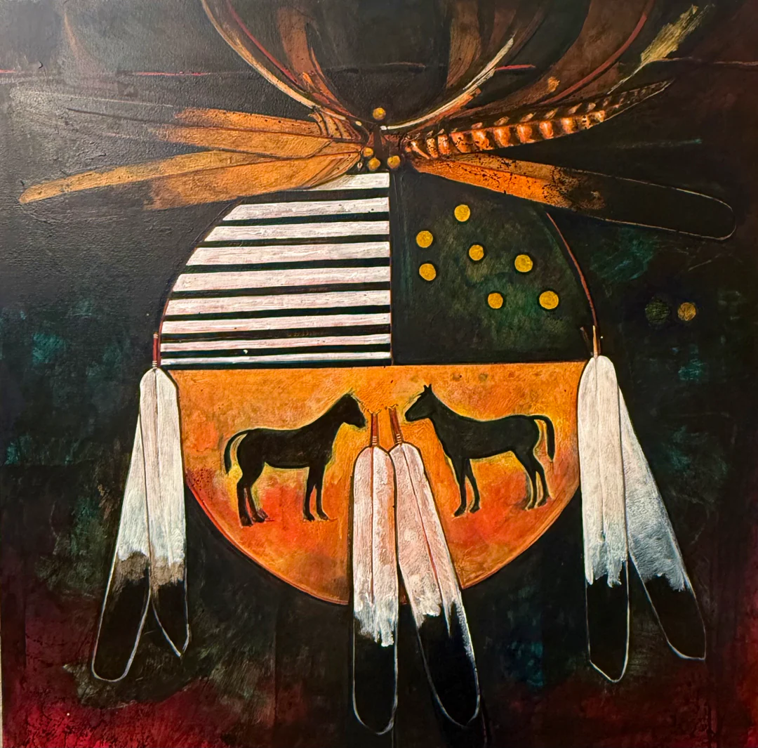 Abstract Native American-inspired painting with horses, feathers, and geometric shapes.