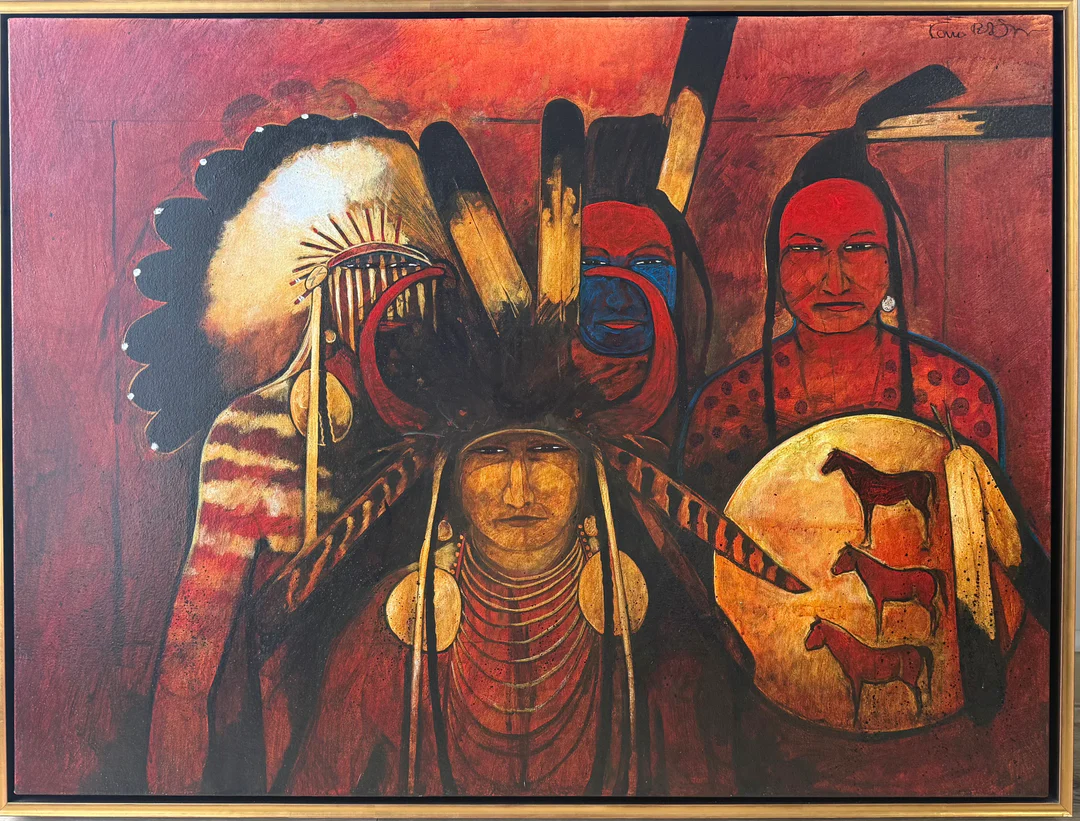 Painting of Native American figures with traditional attire and face paint.