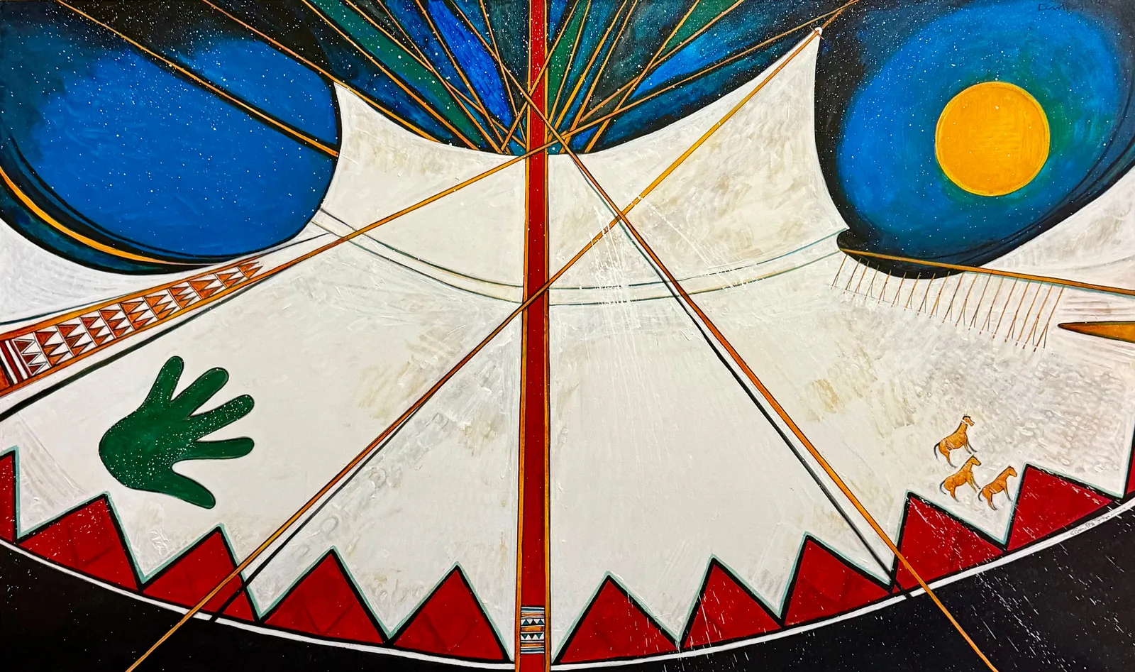 Abstract painting resembling a tent with geometric patterns and celestial elements.