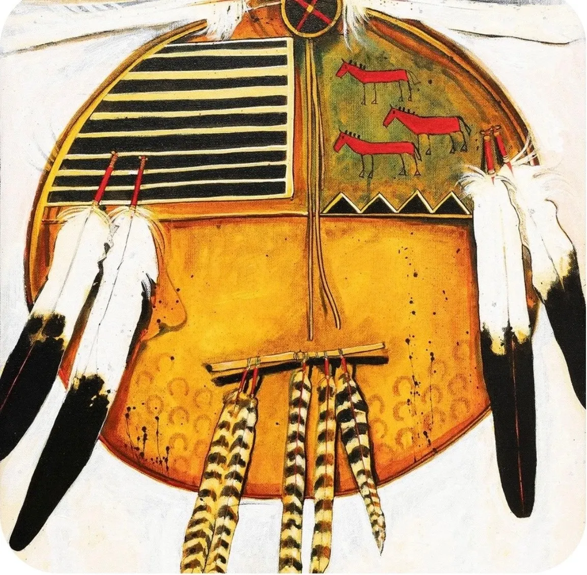 Native American shield adorned with feathers and symbolic horse illustrations.