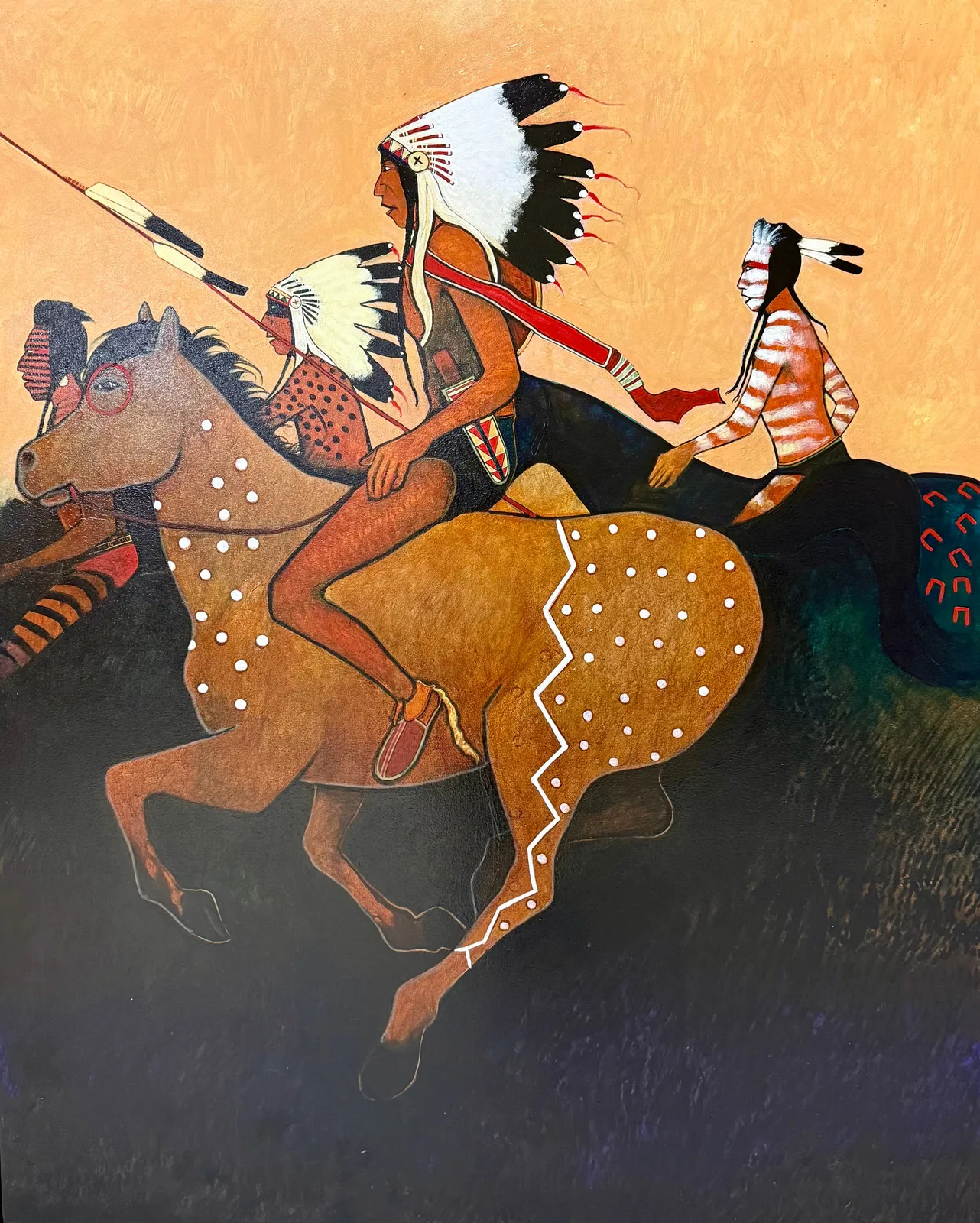 Native American warriors riding horses, adorned with traditional war paint and feathered headdresses.