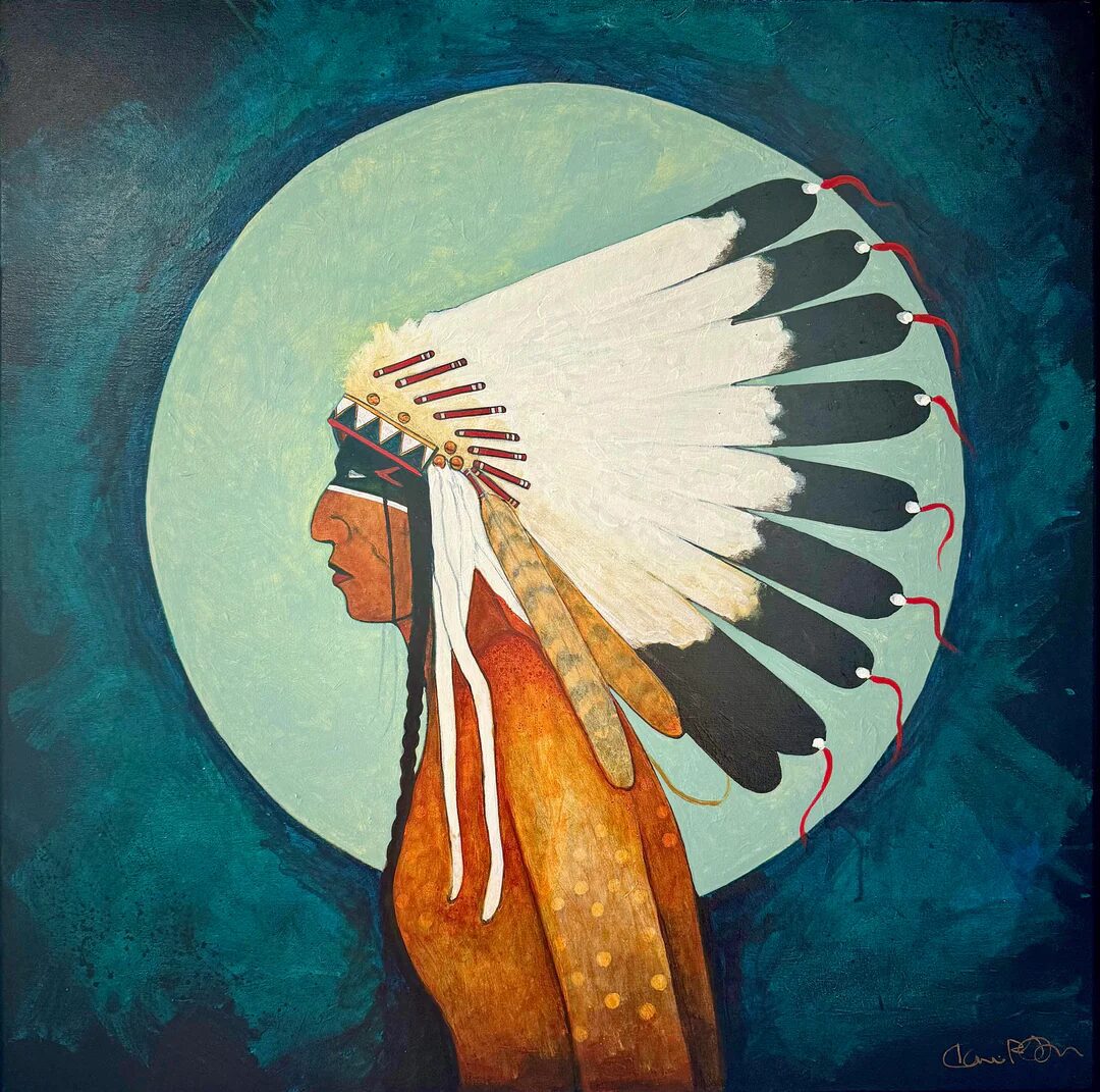 Profile of a Native American man in a traditional feathered headdress against a blue circular background.
