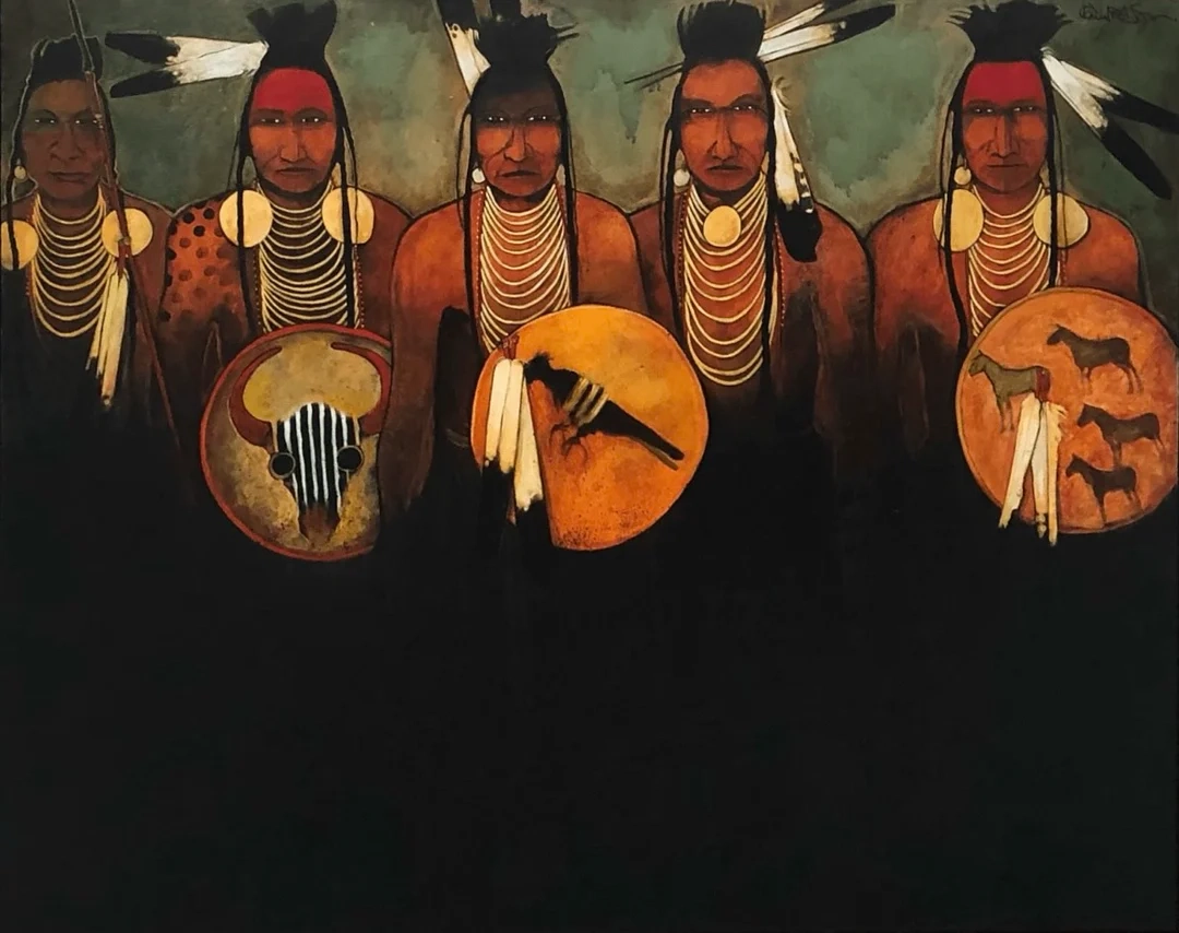 Painting of five Native American men with traditional attire and shields.