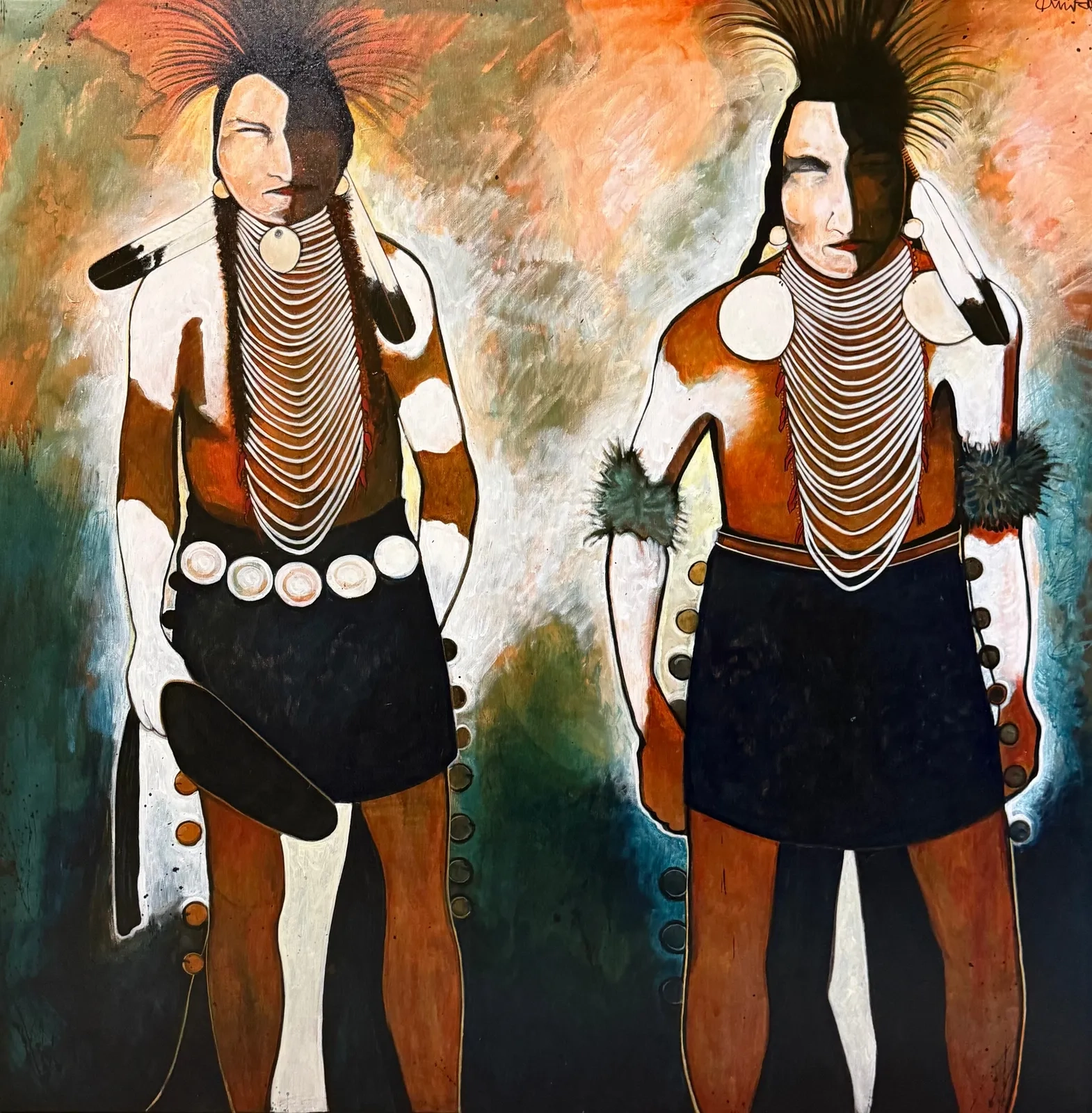 Painting of two Native American men in traditional attire with feathers and necklaces.