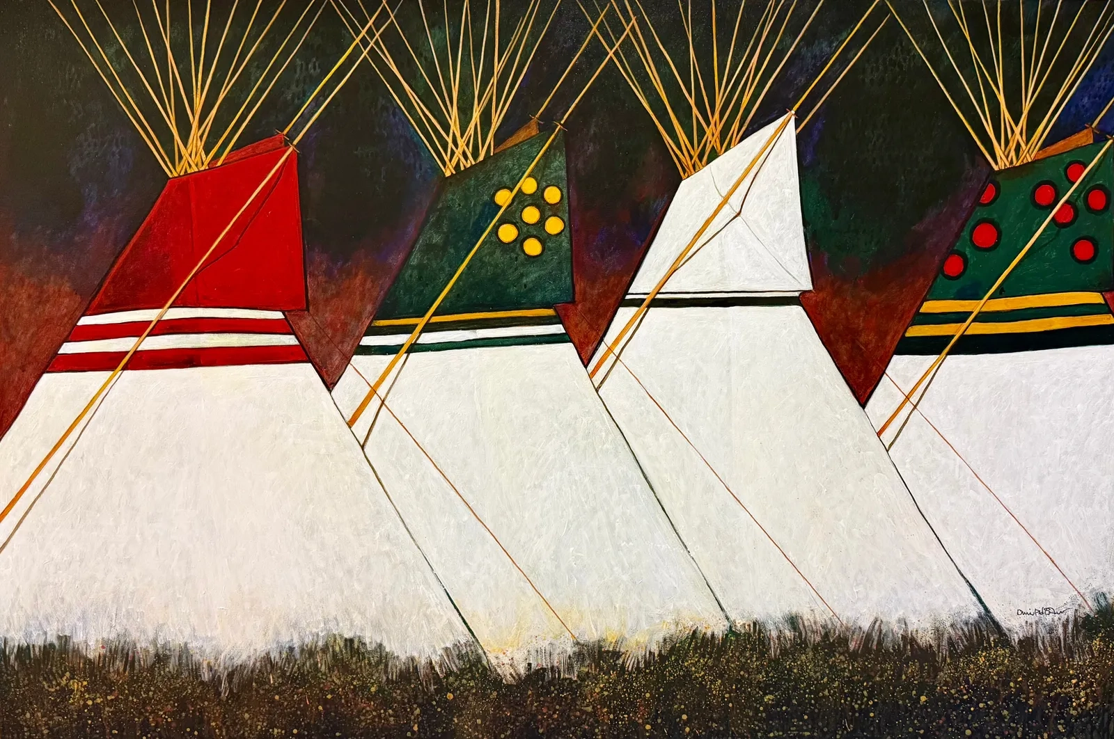 Abstract painting of four decorated teepees with colorful tops and white bodies.