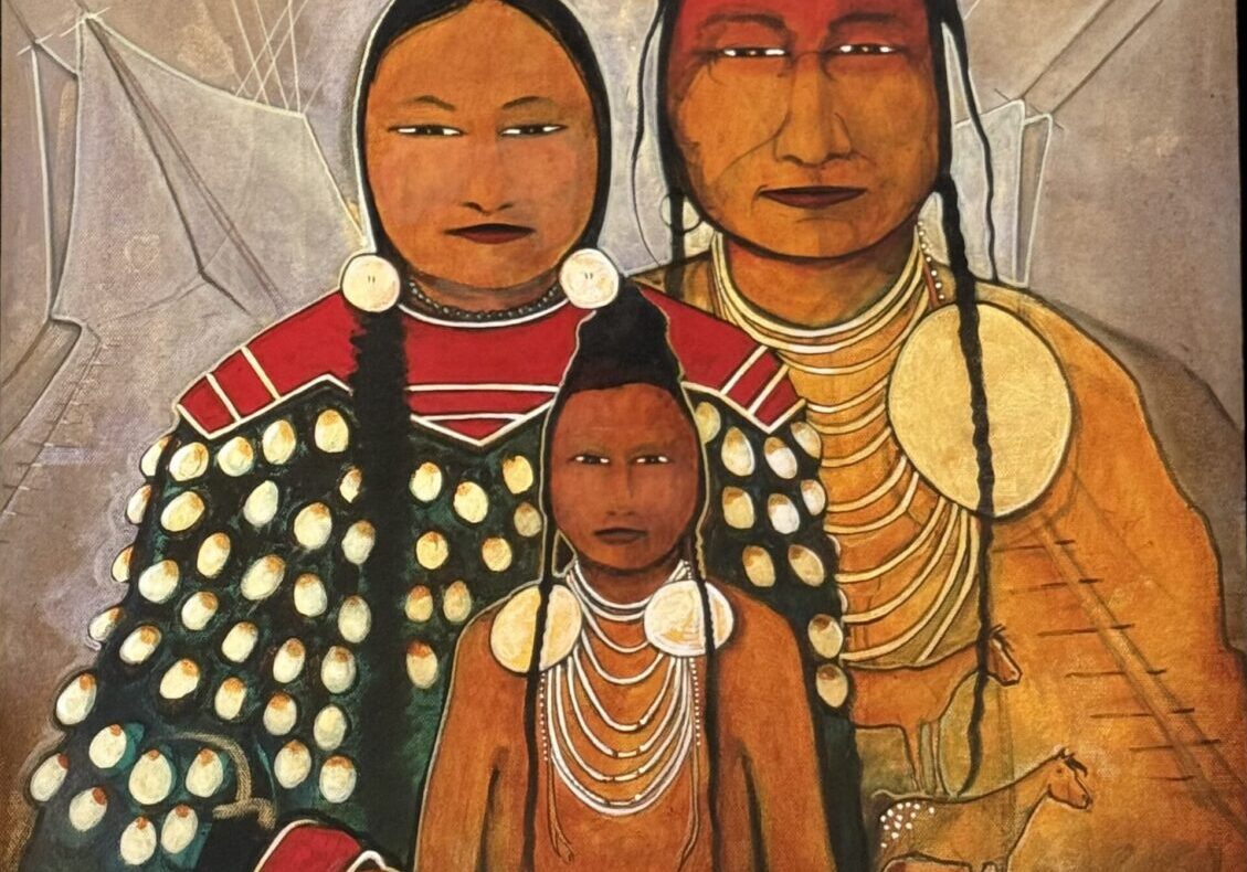 Painting of a Native American family dressed in traditional attire with symbolic animals.