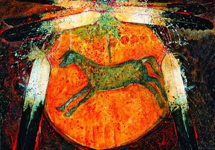 Dynamic artwork with central horse motif