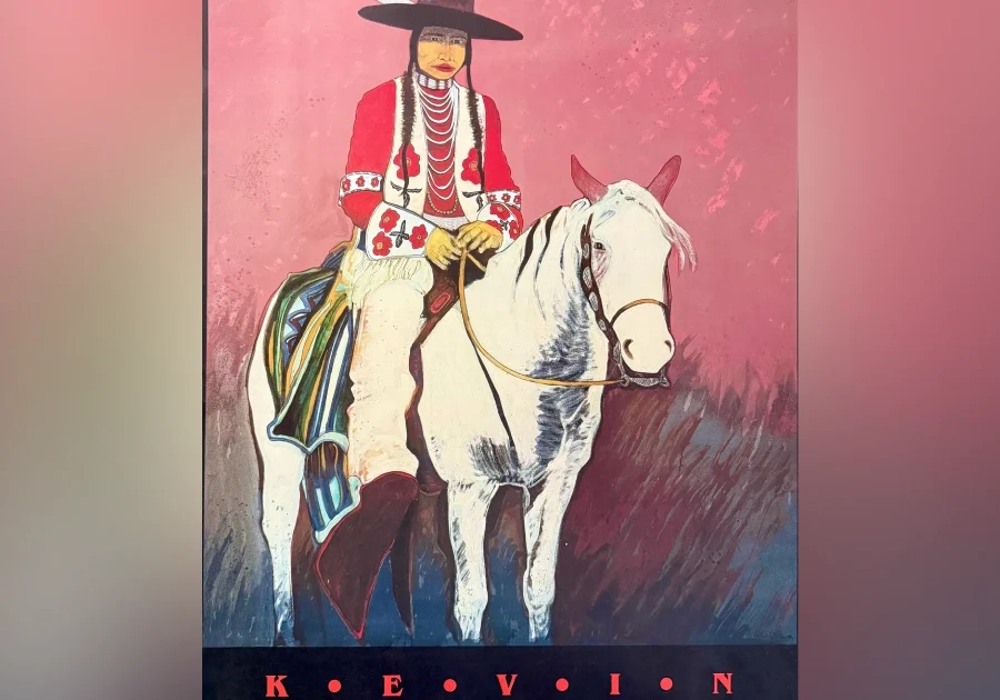 Native American woman in traditional attire on a white horse against a red background.