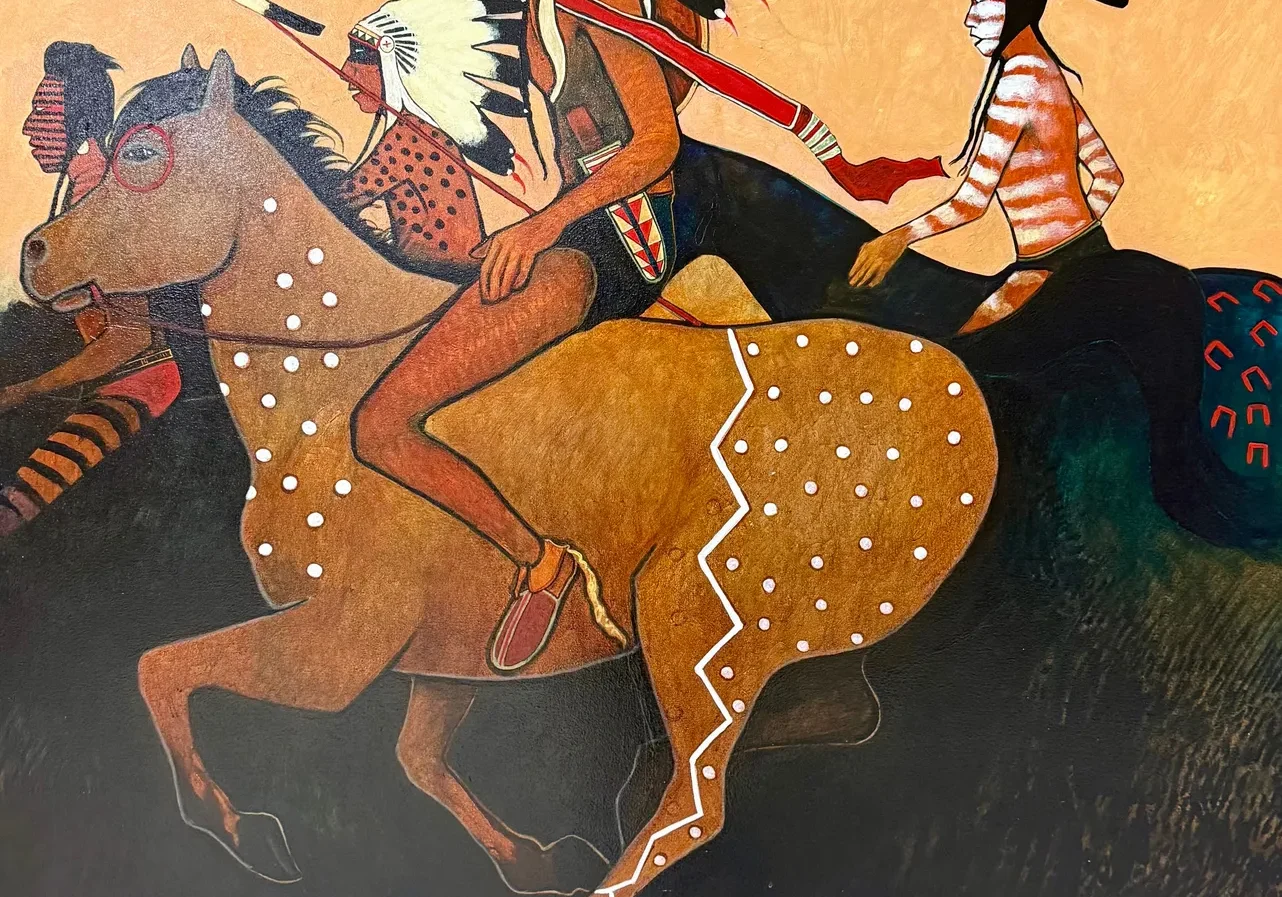 Native American warriors riding horses, adorned with traditional war paint and feathered headdresses.