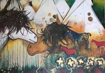 Colorful horses in abstract landscape