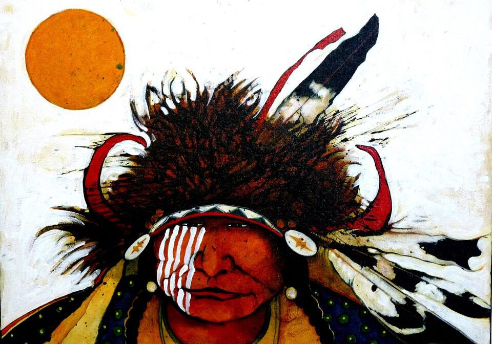 Native American warrior with feathers and paint