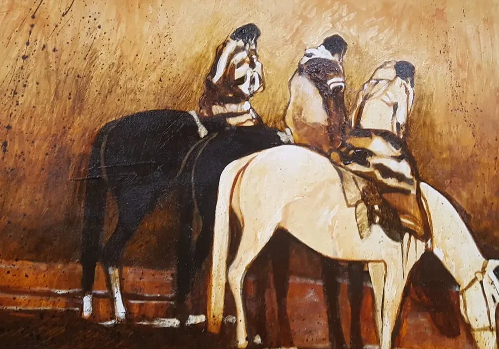 Three riders on horseback in painting
